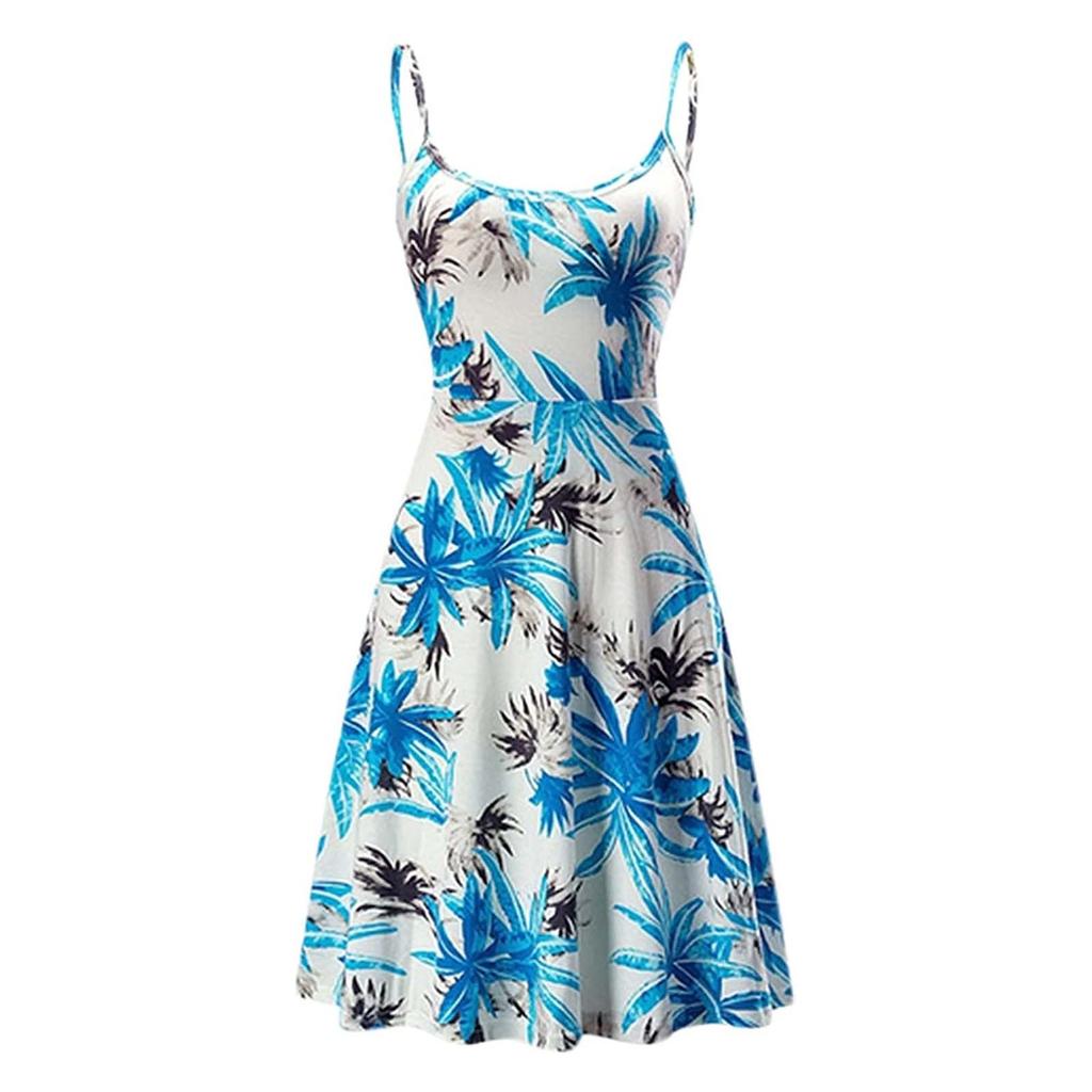 Fashion Womens Casual Loose Print Splicing Backless Sling Sleeveless Dress