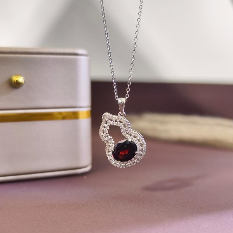 Women's S925 Sterling Silver Gourd Necklace Natural Crystal Topaz Garnet Clavicle Chain Jewelry Gift
