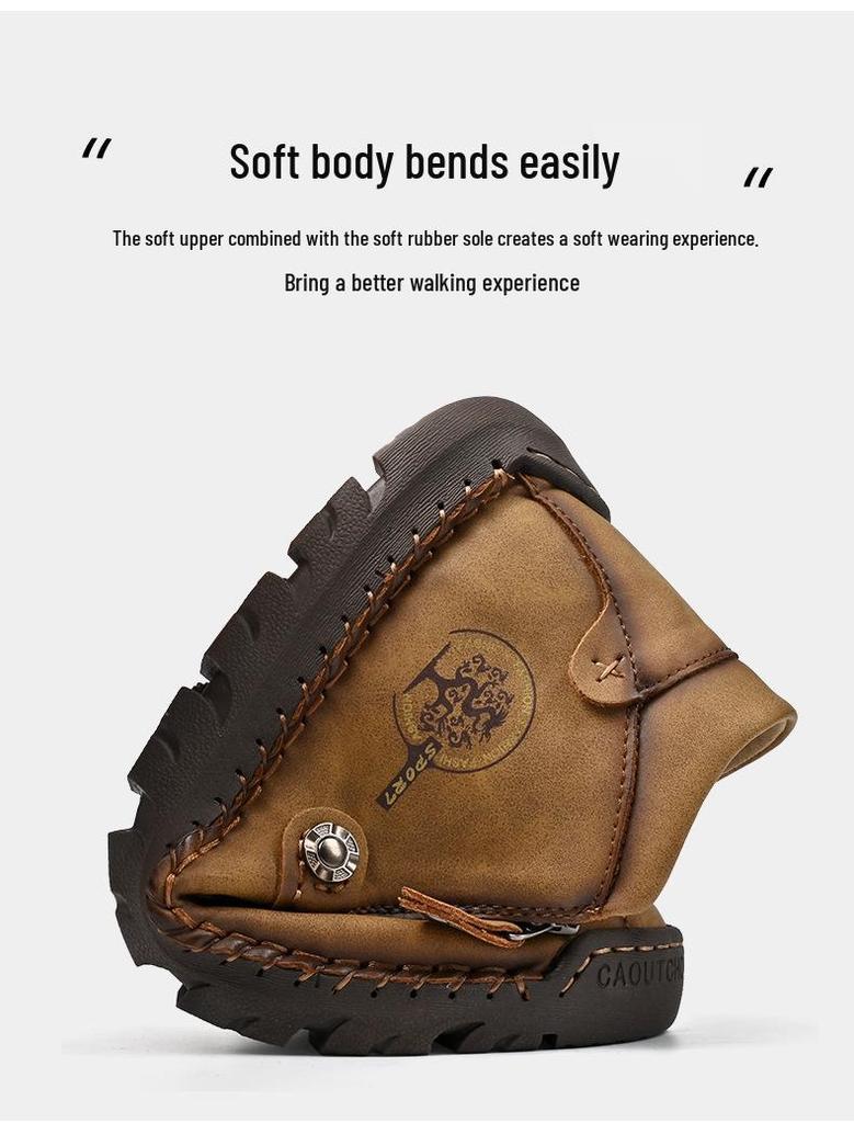 Autumn/Winter Men's Mid-Top Leather Slip-On Martin Boots - Large Size, Handmade, Stitched, Business Style.
