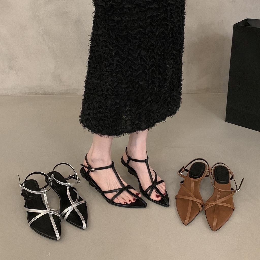 French retro cross strap Roman sandals women's outer wear 2025 summer new with skirt wedges pointed sandals