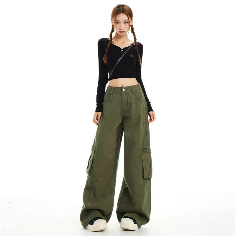 Women's Army Green Loose Cargo Jeans - Spring Style, Slim Fit, Wide Leg, Large Pockets
