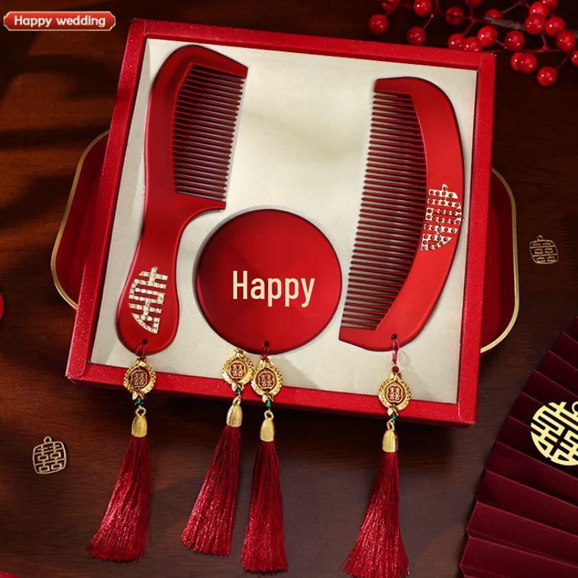 Elegant Bridal Gift Set: High-End Red Wedding Dowry with Mirror and Comb for Mother-in-Law
