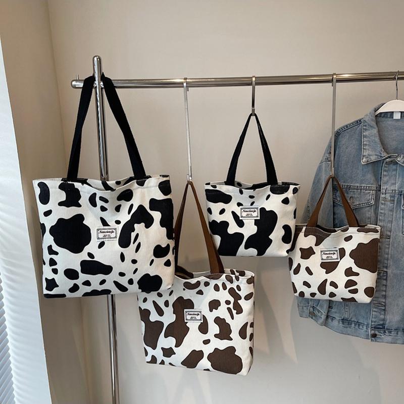 Fashion Large Capacity Cow Print Corduroy Tote Bag for Women Reusable Cute Commuter Shoulder Bag with Zipper, Foldable Shopping Bag