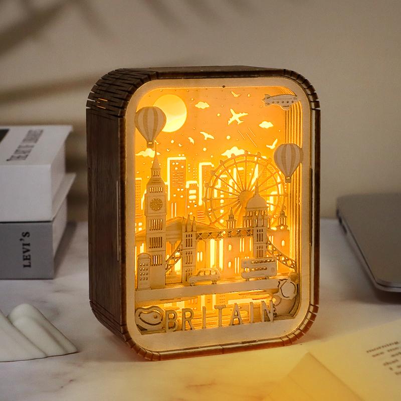 The English Channel Modern Wood Table Lamp 3D Hollow Carving Usb Bedside Lamp Bedroom Night Lamp Light Fixture Kid Brithday Gift