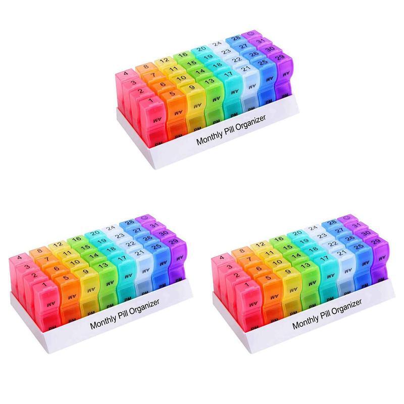 

3X Monthly Weekly Pill Organizer Boxes-AM/PM Daily,31 Day 32 Compartments Vitamins Medicaiton Medicine Reminder