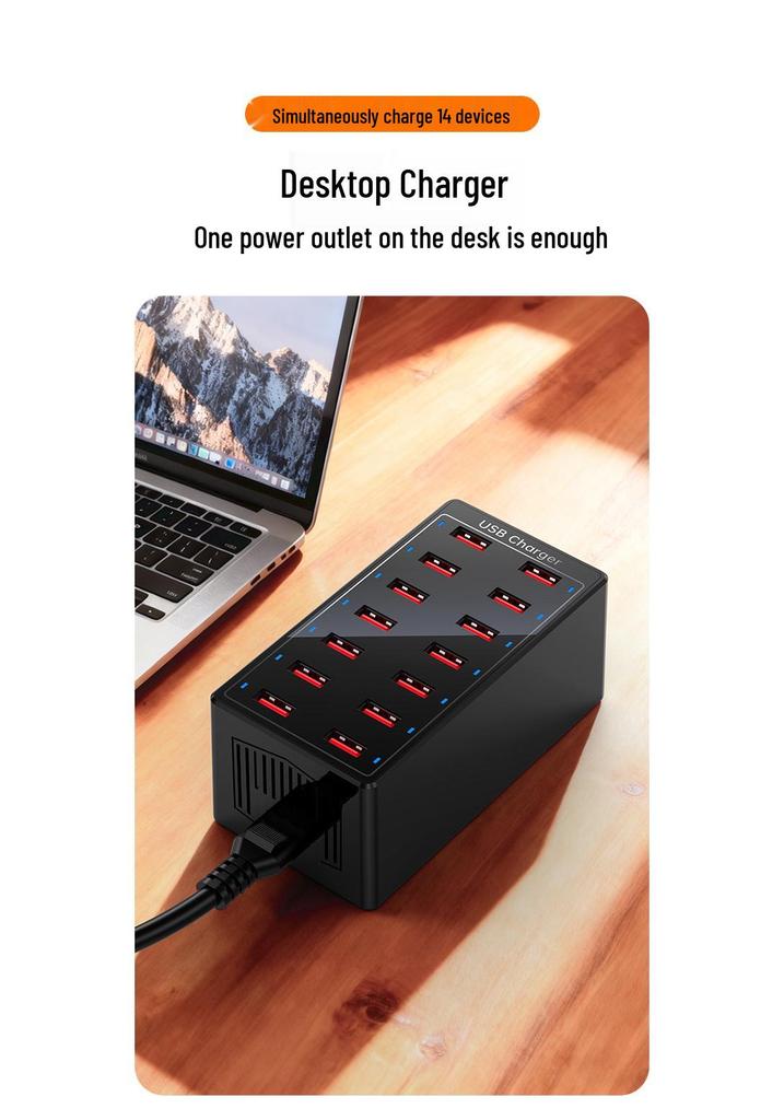 14-Port Smart USB Charger, 60W Multi-Port Mobile Phone Charging Hub for Office & Live Streaming