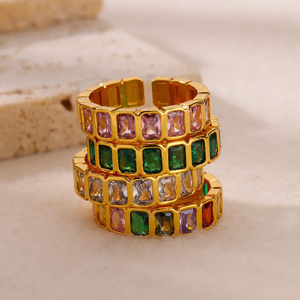 Colorful Cubic Zircon Ring for Women Stainless Steel Gold Color Open Ring Vintage Boho Wedding Party Zircon Gift Accessories