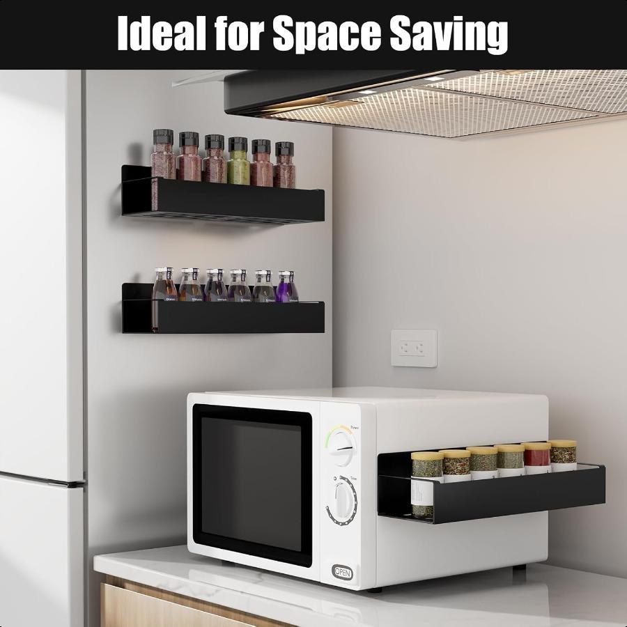 Magnetic Spice Rack for Refrigerator Fridge Organizer for Kitchen Organization and Storage 4 Pack Black Metal Shelf with 8 Move
