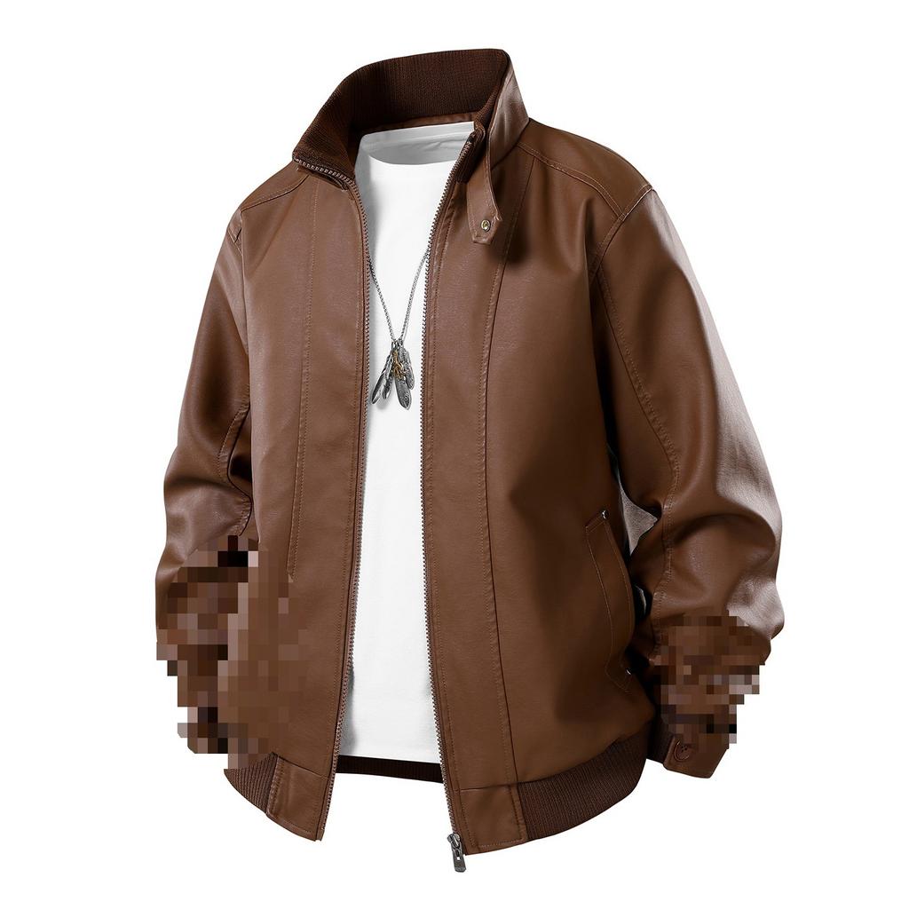 Men's Motorcycle Uniform Simple and Versatile Stand Up Collar Leather Jacket Wide