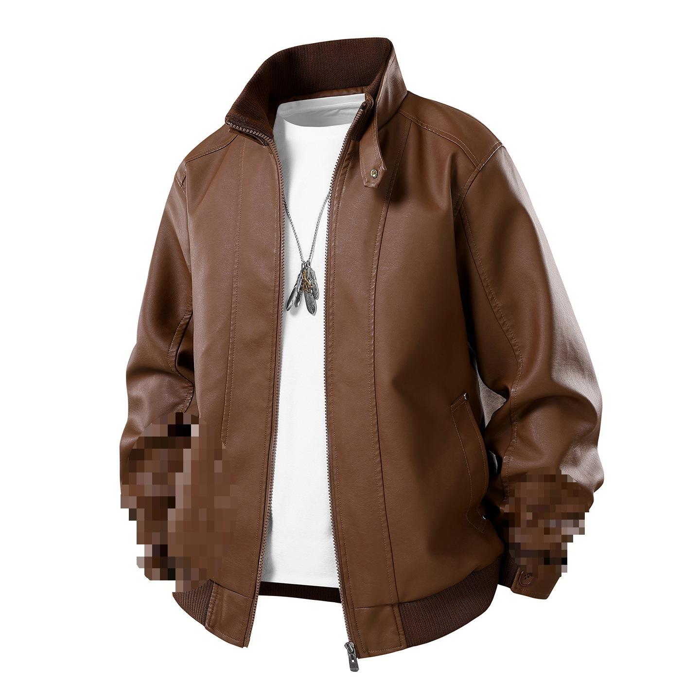 

Men s Motorcycle Uniform Simple and Versatile Stand Up Collar Leather Jacket Wide XXXL
