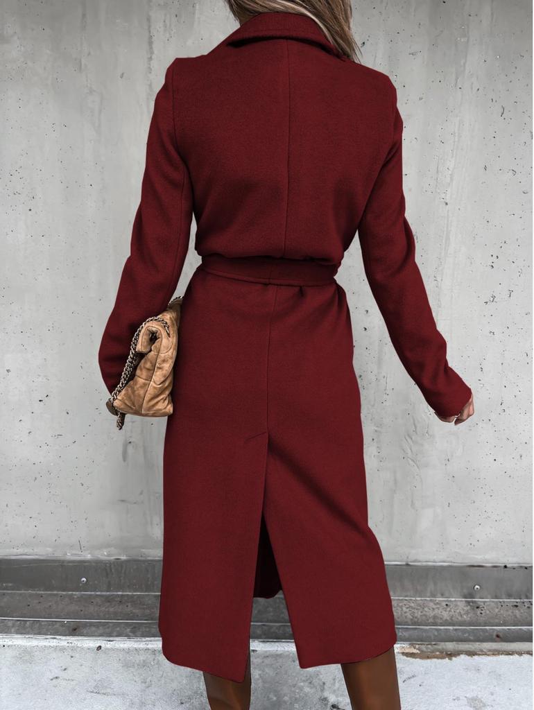 Women's Spring/Autumn Simple V-neck Wool Long Coat with Tie