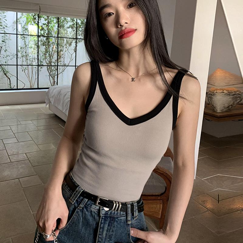 High-end Short Camisole Women's Outer Wear Summer New Contrasting Color High-waisted V-neck Sleeveless Bottoming Top