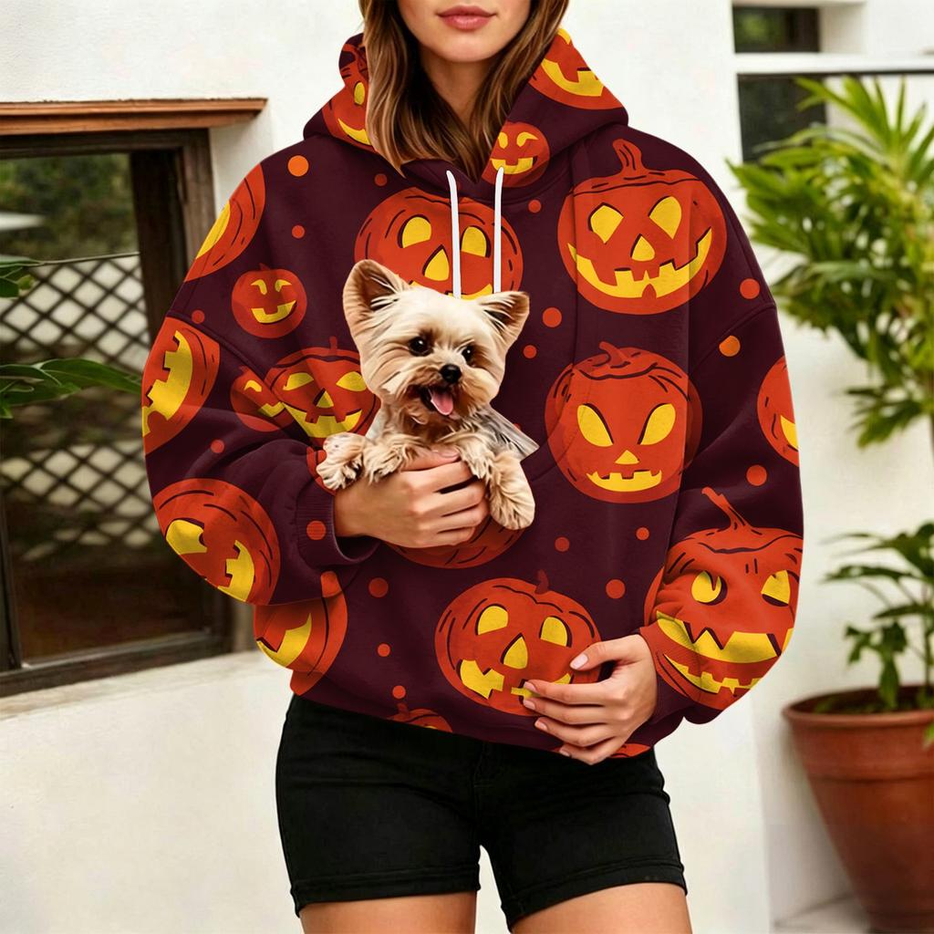 Women's Halloween Print Hoodie with Large Pet Pocket for Fall and Winter Casual Wear