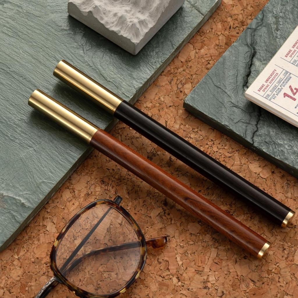 Retro Sandalwood & Brass Fountain Pen - Dark Nib, Calligraphy Practice, Engraved Logo
