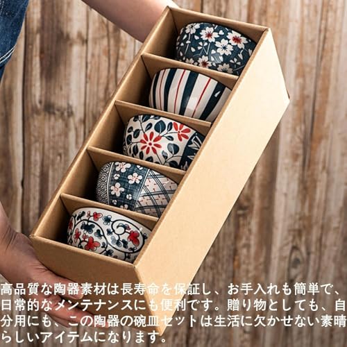 Japanese Tableware Set 5 Rice Bowls Ceramic Microwave Dishwasher Safe Cute Pattern Design Gift Box Included