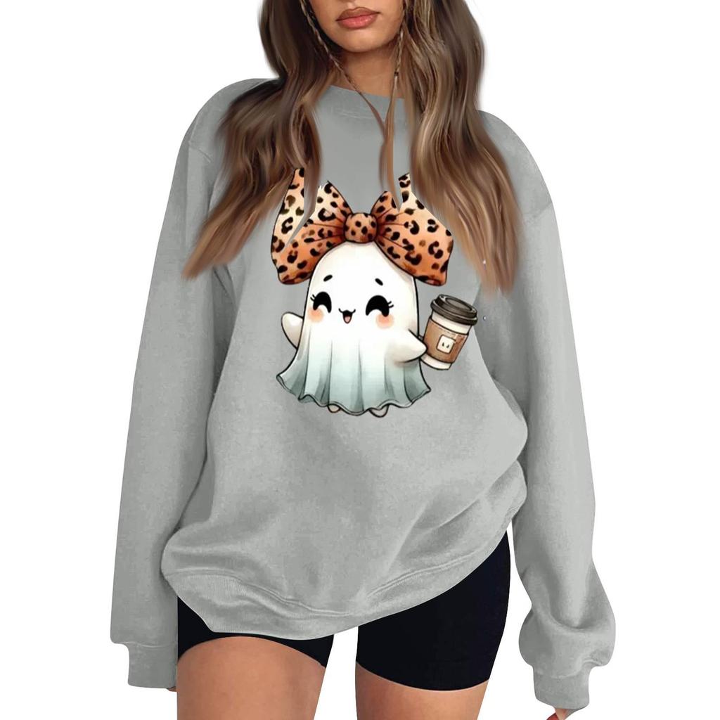Women's Comfortable Round Neck Long Sleeve Sweatshirt Loose Fit Casual with Color and Halloween Print