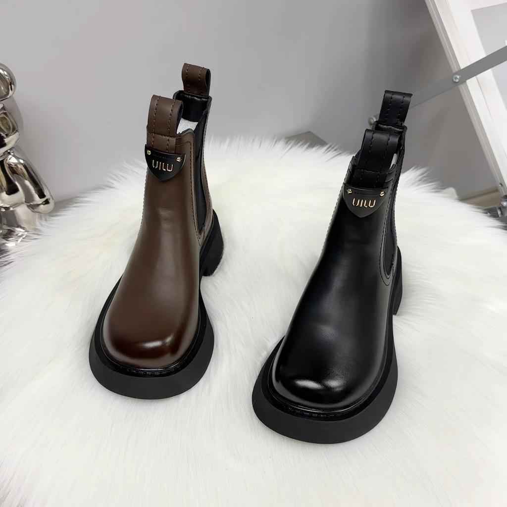 Leather Cigarette Boots Women's Fashion Martin Boots 2025 Autumn and Winter Velvet Mango Head Thick Sole Thin British Style Short Boots