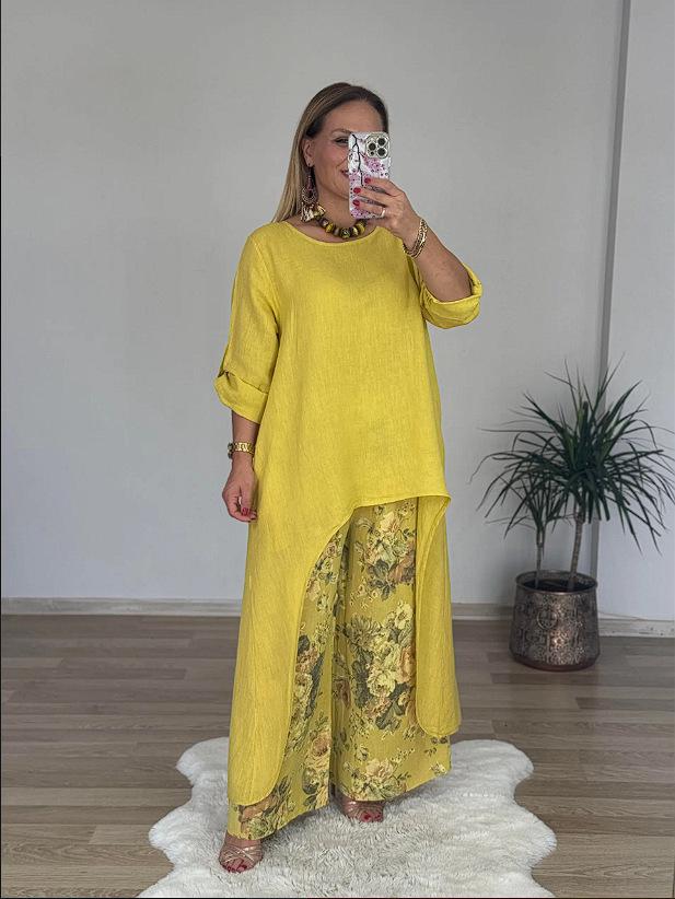 

Комплект женский европейского и американского стиля из хлопка и льна: асимметричный топ и брюки широкого кроя, 2025 L жёлтый