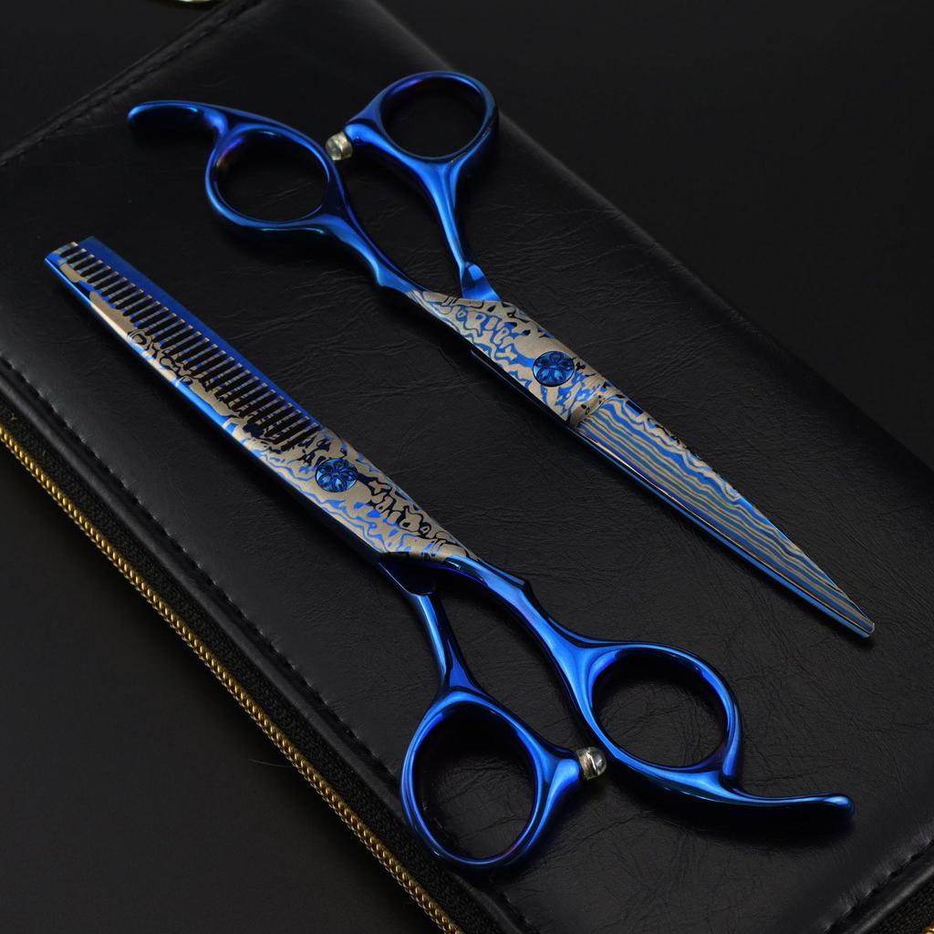 6.0" Blue Damascus Hairdressing & Barber Serrated Scissors with Thinning Shears