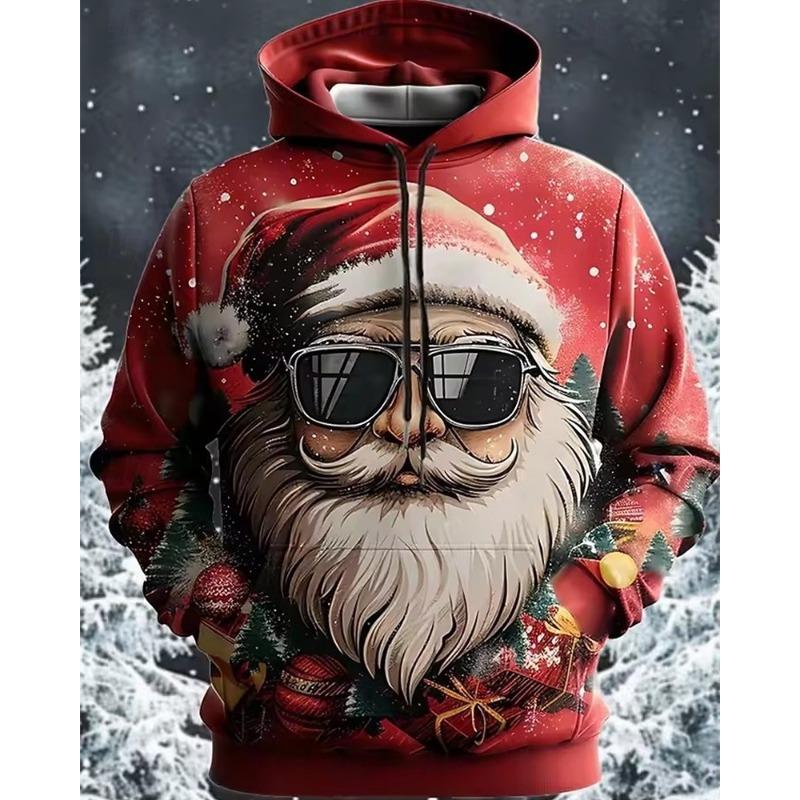 Christmas Men's Graphic Santa Claus Fashion Streetwear Hooded Outdoor Vacation Going out Black Red Pocket Print Fall Winter
