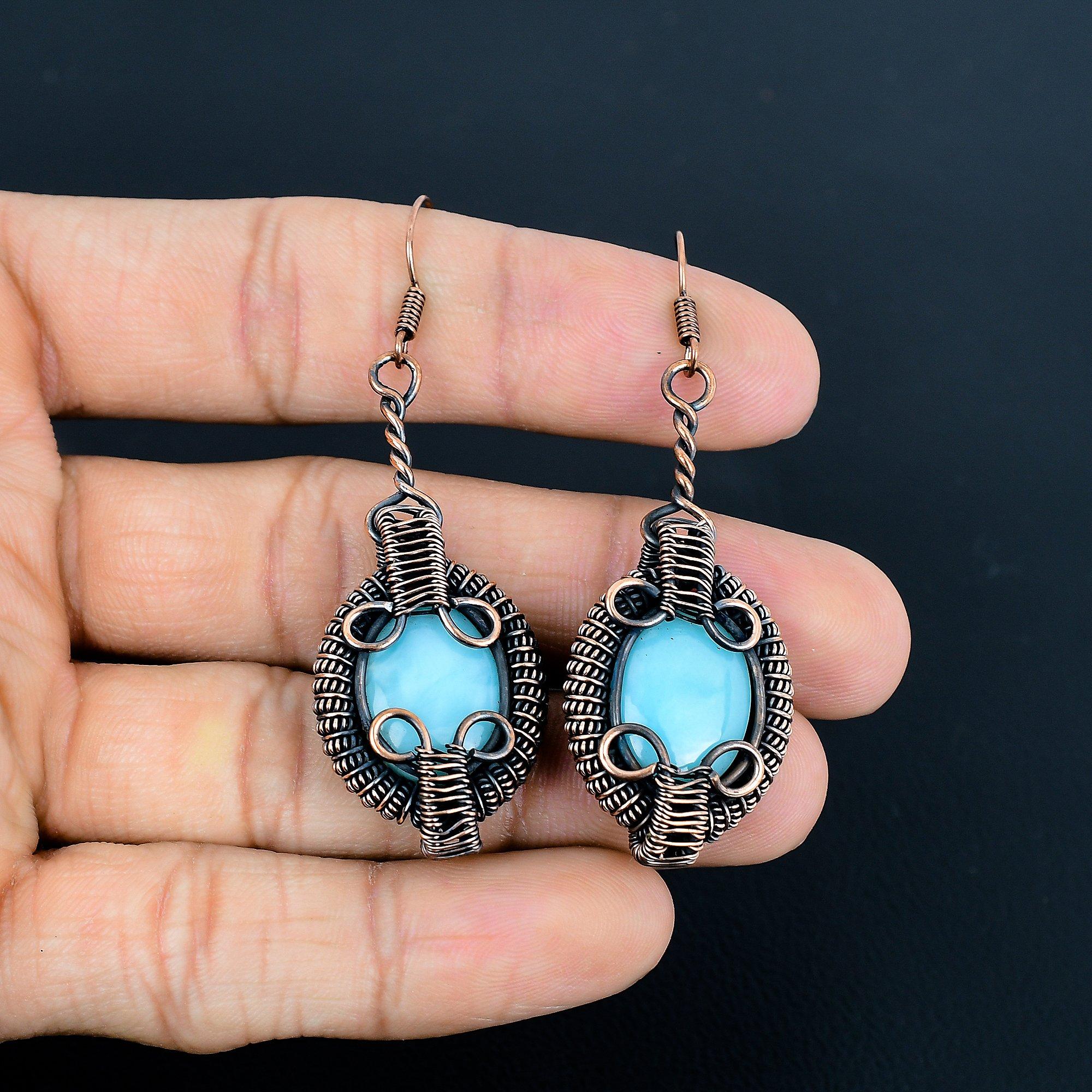 

Серьги из голубого халцедона, обернутые медной проволокой 999 пробы, Ювелирные изделия с драгоценными камнями ручной работы, Подарки для жены, Совершенно новые серьги 2.55 Inches