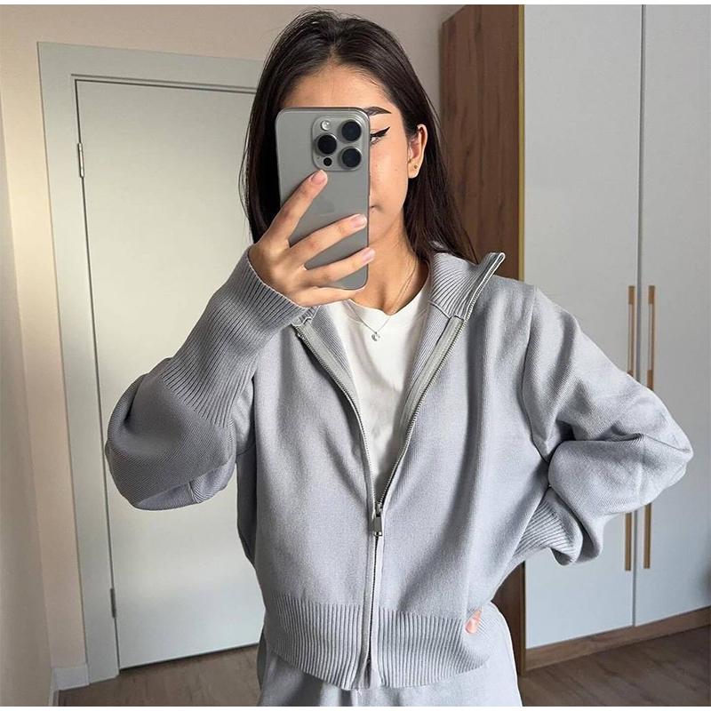 Lässiger Reißverschlussjacke-Pendleranzug Einfache einfarbige Streetwear Lange Hosen Outfits Frühling Herbst Gestrickte Damen Zweiteiler