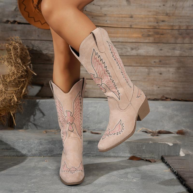 Embroidered Round Toe Ankle Boots for Women - Mid-Heel Western Style Leather Boots, Vintage Fashion Boots in Wide Width