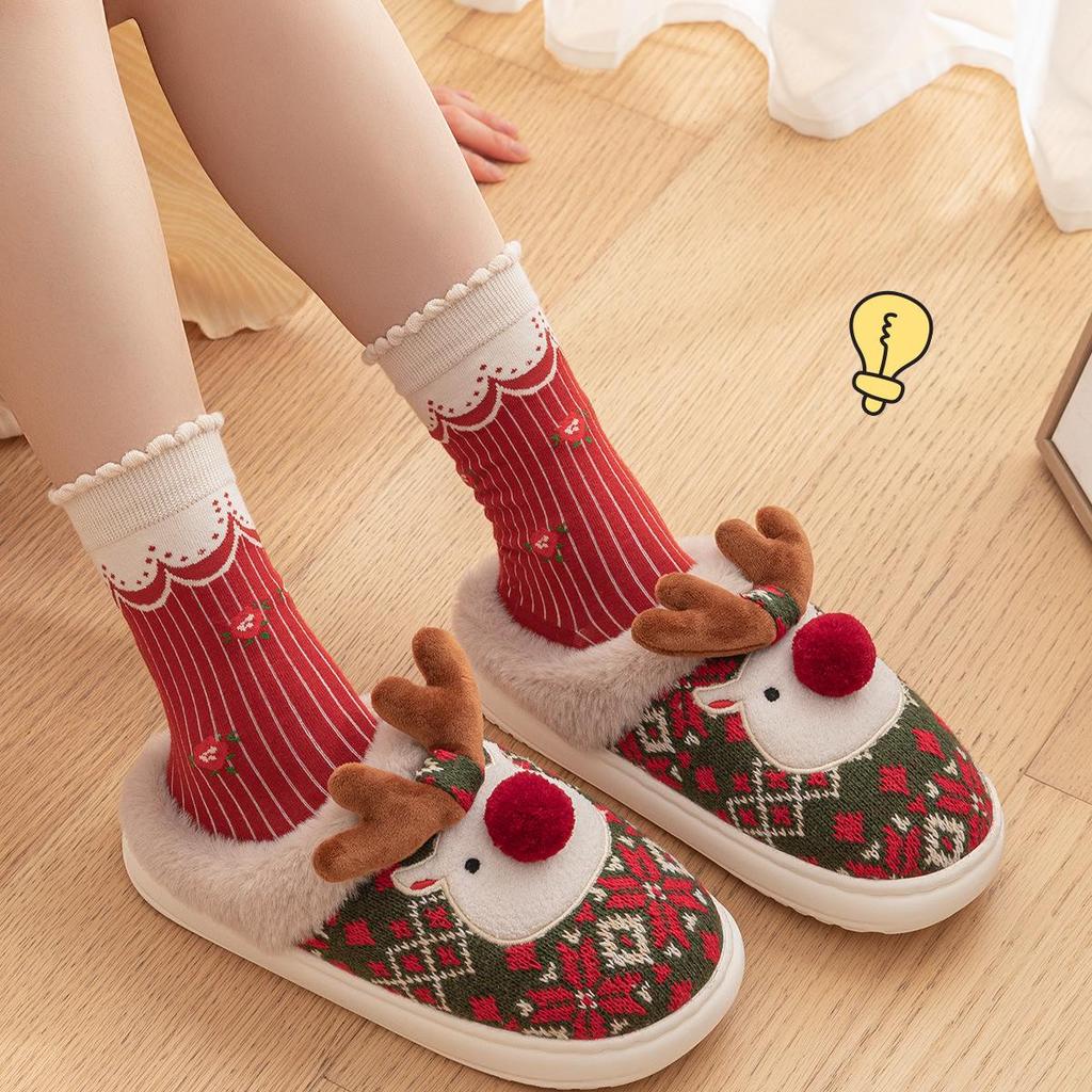 Custom Reindeer Winter Cotton Slippers - Women's & Men's Christmas Gift
