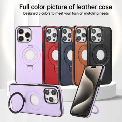 Leather Phone Case for Apple iPhone16 ProMax- PU MagSafe Wireless Charging Bracket Ring Two In One Cover On iPhone16/15/14/13/12/11/Pro/Plus/Promax