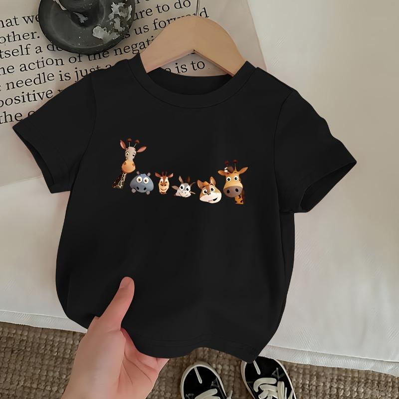 Kids Cute Mixed Animal Head Print Crewneck Short Sleeve Tee