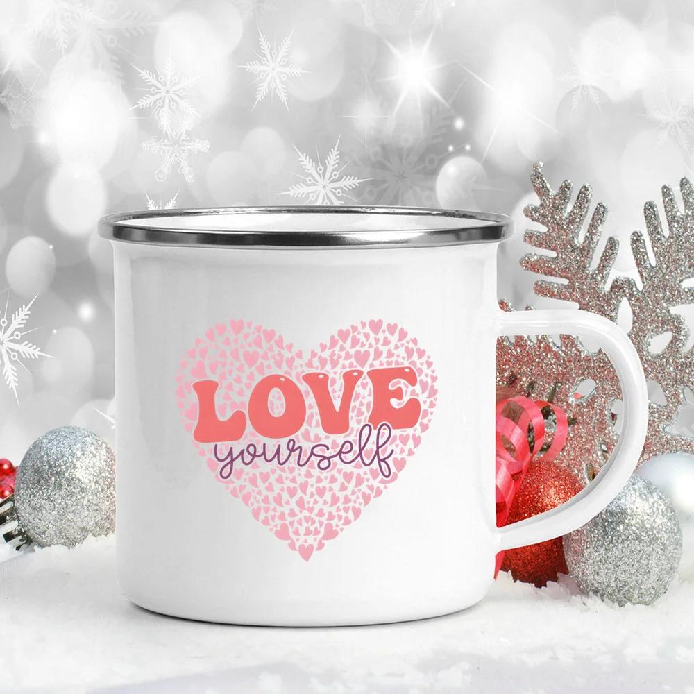 Love Heart Printed Camping Mug Valentine Party Juice Milk Cup Coffee Cups Enamel Mugs Valentine's Day Gifts for Family Friends