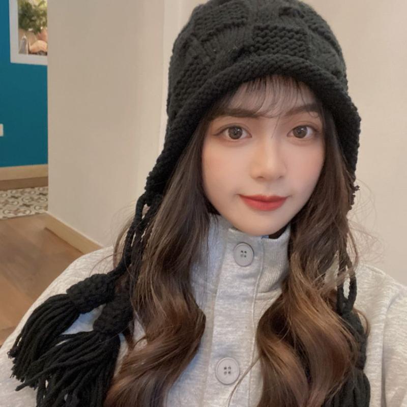 Шапка вязаная шерстяная с кисточкой Женская Осенне-зимняя Теплая Шапка с защитой ушей Милая и Симпатичная Шерстяная Шапка