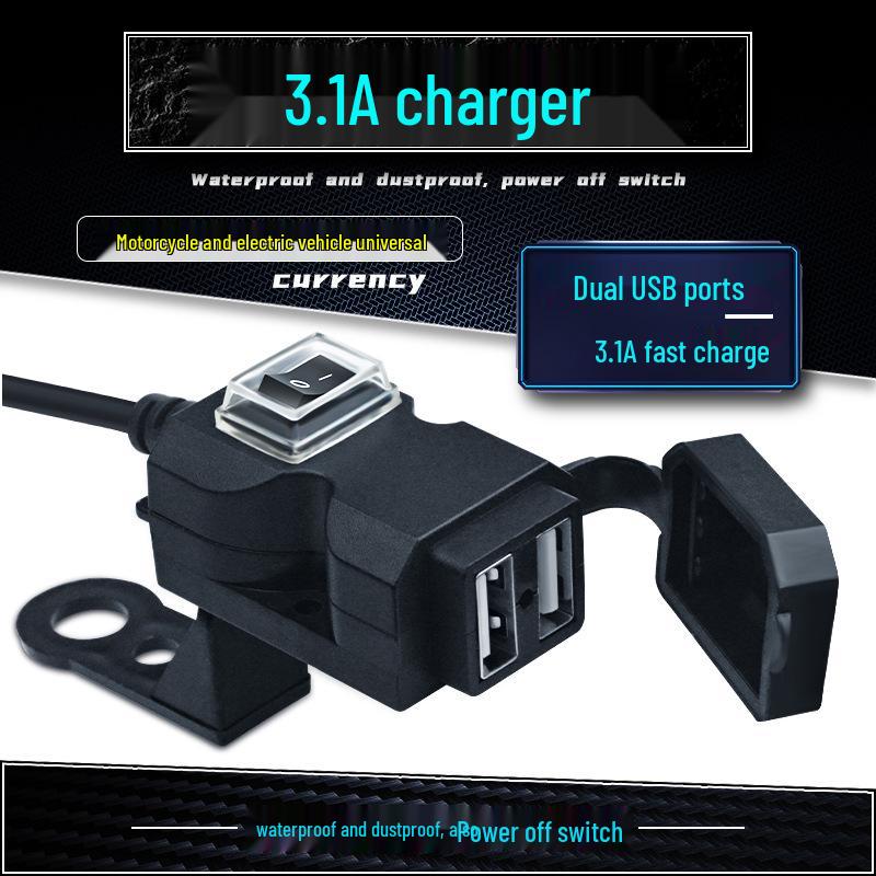 Slim Waist Dual-Port 12V USB Charger with Rearview Mirror & Handlebar Mount for Motorcycles