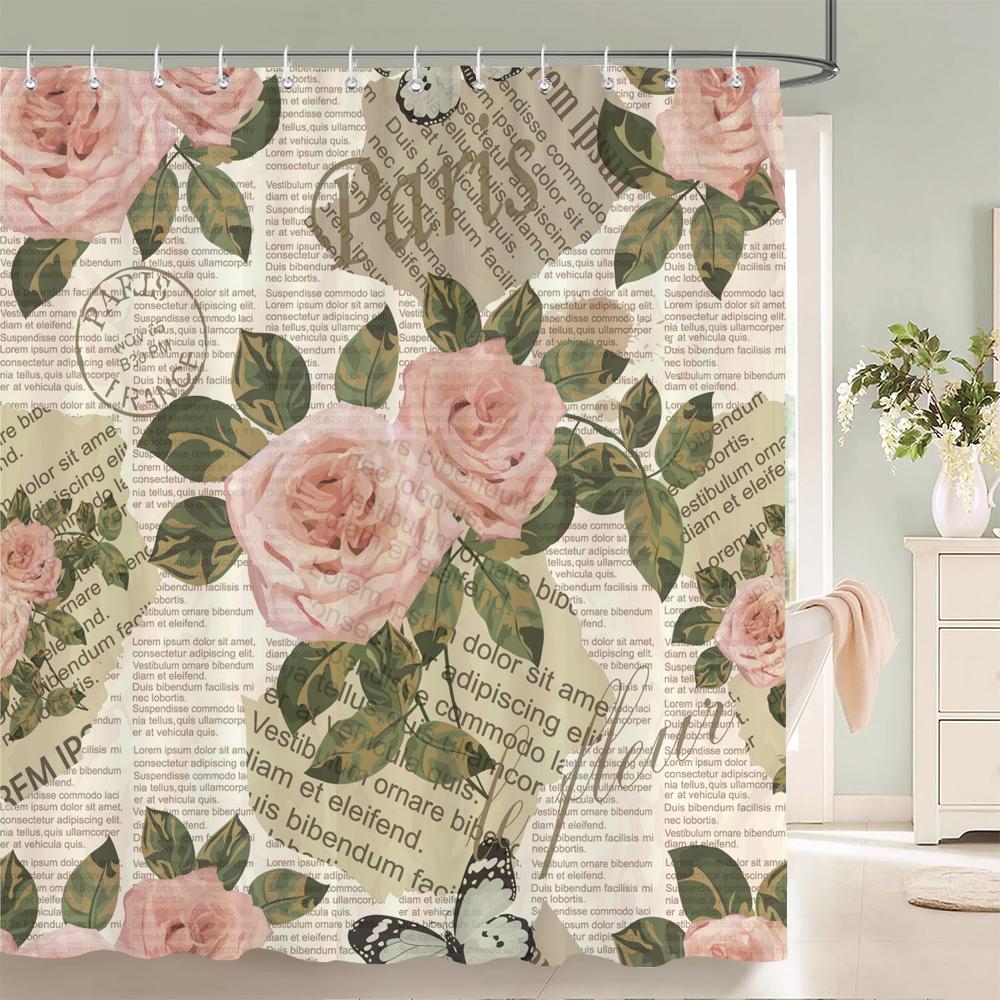 1 Pack European Retro Architecture Flower Style Shower Curtain Partition Bathroom Curtain With Hooks Home Decorative Curtain