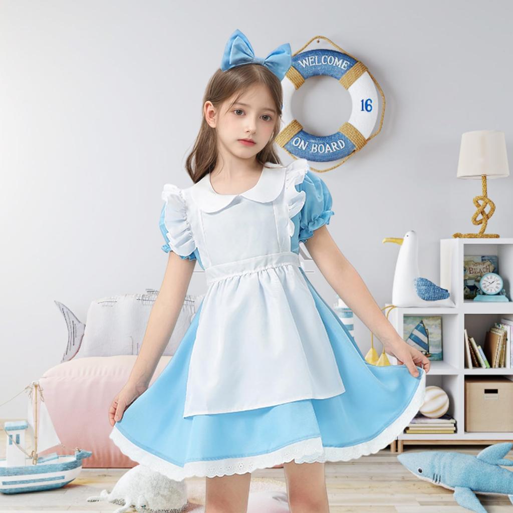 Moerstar Maid Cosplay Dress Includes Cute Maid Headband and Perfect for and theatrical performances Costume, Girls' 3-Piece Set, Apron, Parties,