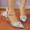 Spring New Pointed High Heels Women's Stiletto Silver Sequin Pearl Bow