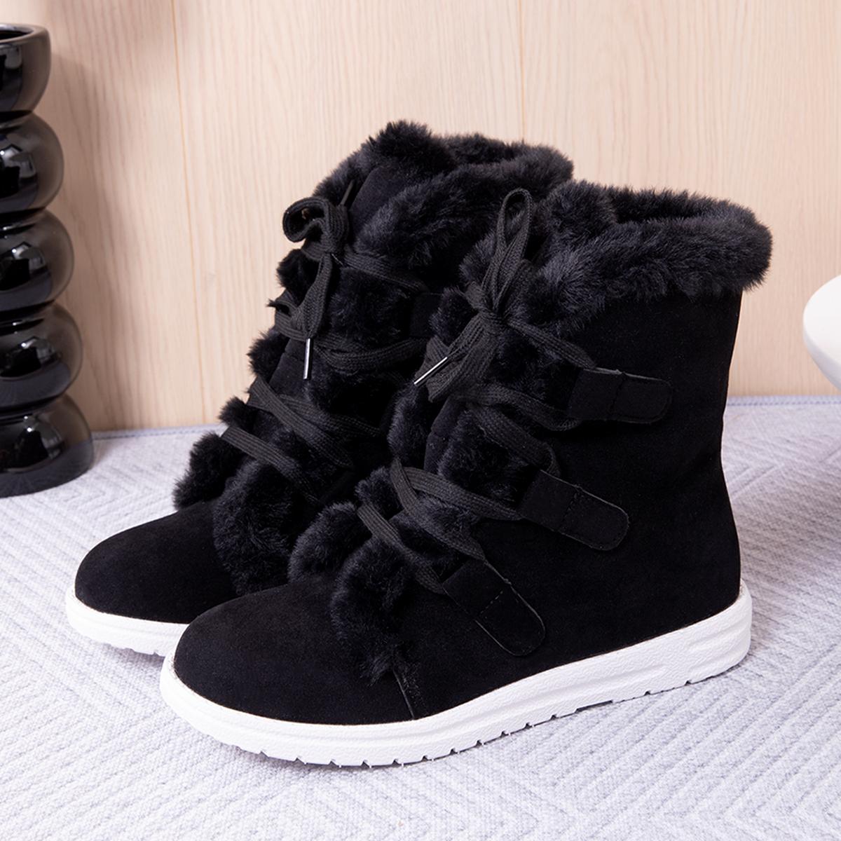 

Warm Thick Plush Non Slip Pink Snow Boots Women Winter Fluffy Fur Lace Up Suede Ankle Boots Furry Short Booties Plus Size 43