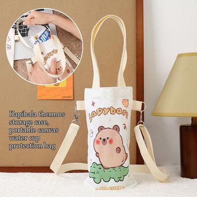 Canvas Thermal Mug Cup Sleeve with Strap Mobile Phone Bags Portable Capybara Water Bottle Bag