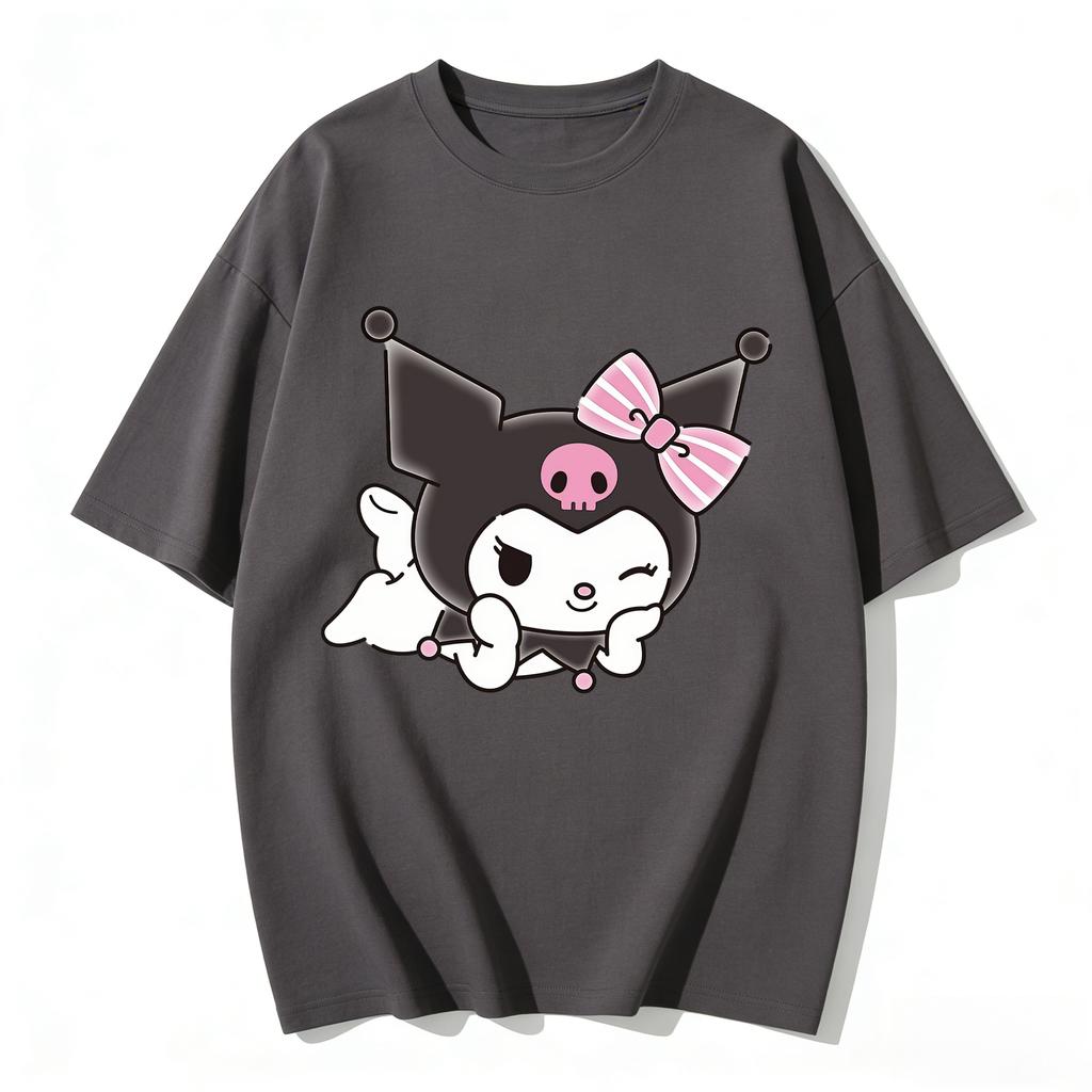 Summer Cute Winking Kuromi Print Tshirt Casual Short Sleeved Tees for Mom and Daughter Fashion Parentchild Clothing Set Tops