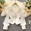 Women French Style Shirt Lapel V-neck Puff Long Sleeve Shirt Buttons Decor Blouse Irregular Hem Solid Color Tops