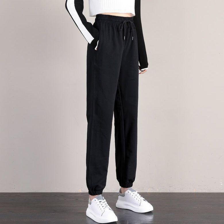 Ladies' Fashionable Solid Color Straight Leg Pants With High Waist Drawstring Pockets And Elastic Waist Casual Pants