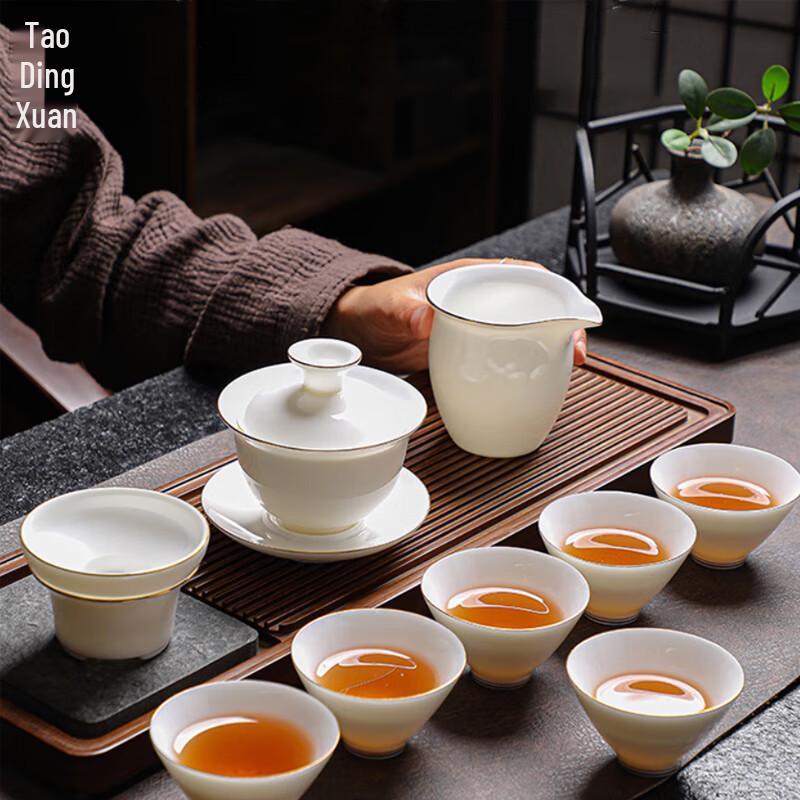 Taodingxuan Mutton-Fat Jade Gilded Ceramic Tea Set