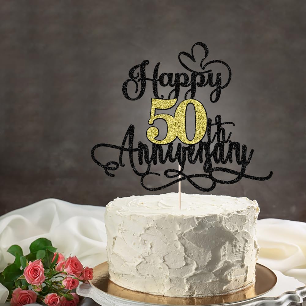 Black Gold Happy 50th Anniversary Cake Toppers- 50 Wedding Anniversary Party Decoration Ideas,Birthday Cake Decorations,50th Anniversary
