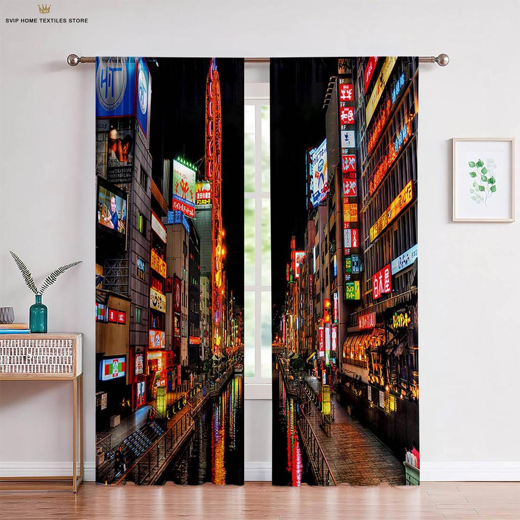 3D City Building Scenery Printing Window, Bedroom, Living Room, Kitchen Curtain, Home Decoration, 2 Pieces