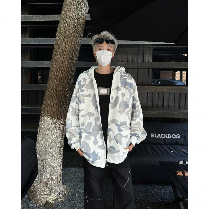 Men's Retro Camouflage Double Hood Cardigan Hoodie – Spring/Autumn Trendy Emotional Couple Sweatshirt