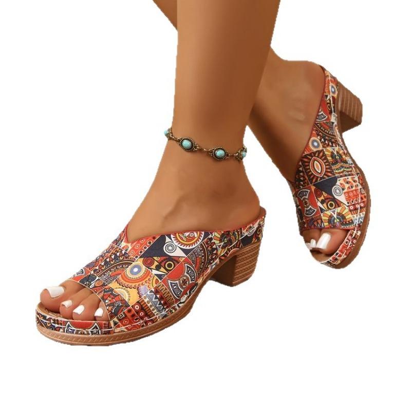 Women's Printed Peep Toe High Heel Sandals, Ethnic Style Beach Slides, Plus Size Summer Casual Shoes