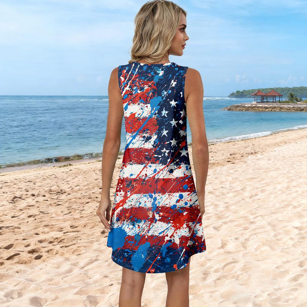 Women's Summer Casual Sun Skirt With Pocket V-Neck Independence Day Printed Loose Vest Dress