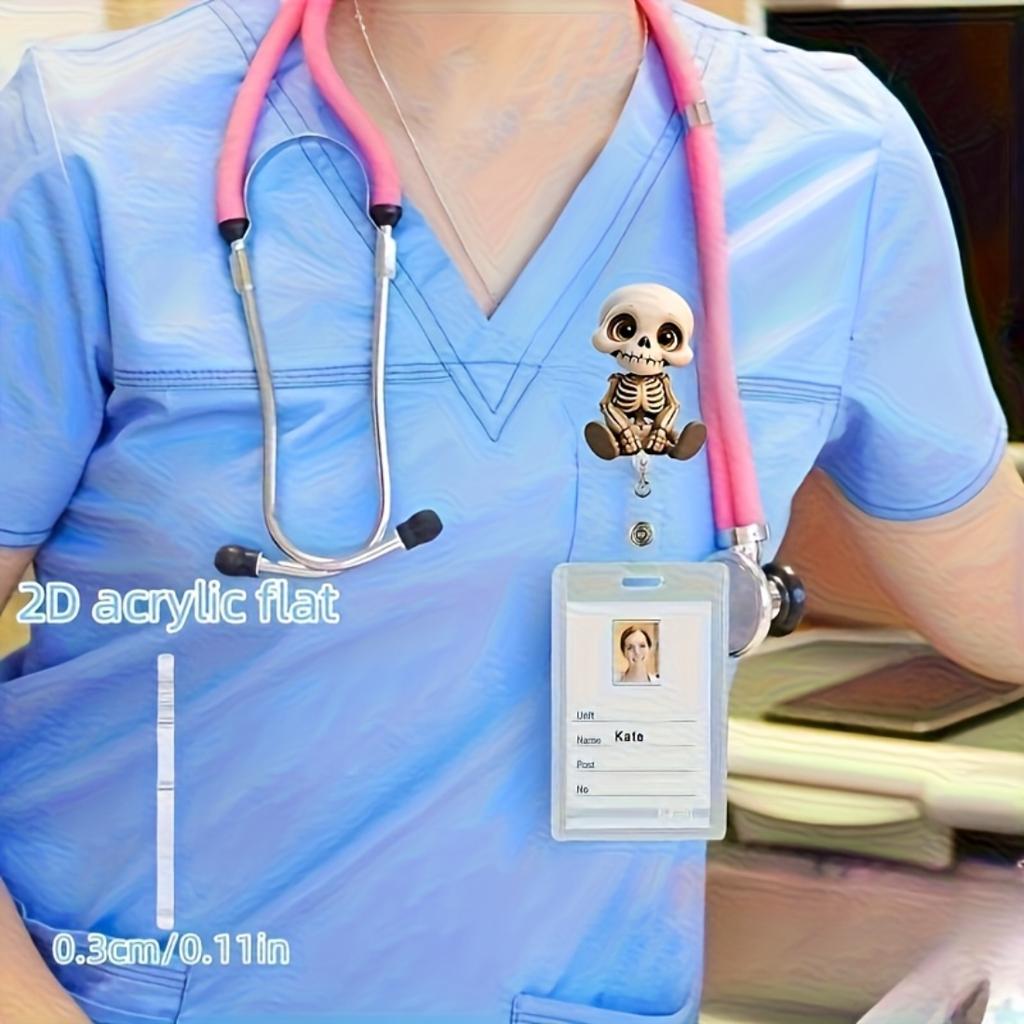 2D flacher morphing Totenkopf einziehbarer Ausweishalter, PMMA Acryl Ausweishalter für Krankenschwestern RN Pflegestudenten, Niedliches flaches Design Arbeitsausweis Lanyard