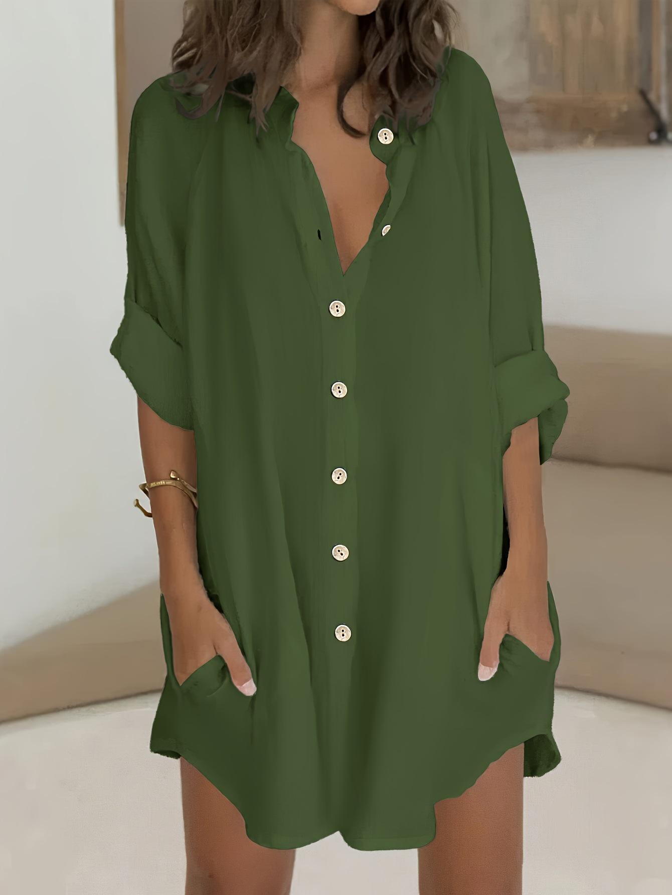 

2025 Хлопок и Лен Ряд Пуговиц Большой Размер Женская Средней Длины Рубашка с Коротким Рукавом Свободного Кроя 5XL зелёный