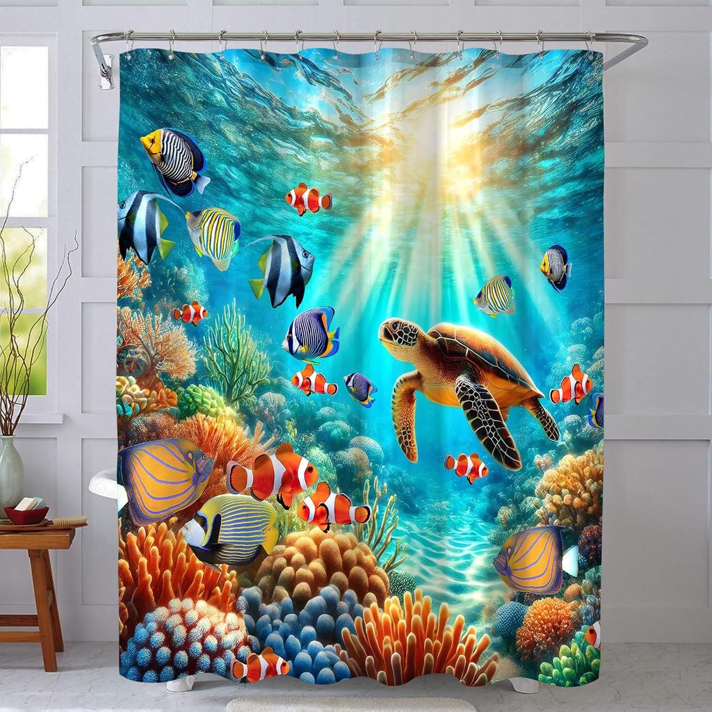 Sea Turtle Shower Curtain Ocean Beach Coastal Seaworld Marine Life Bathroom Curtain Set with Hooks Home Decoration